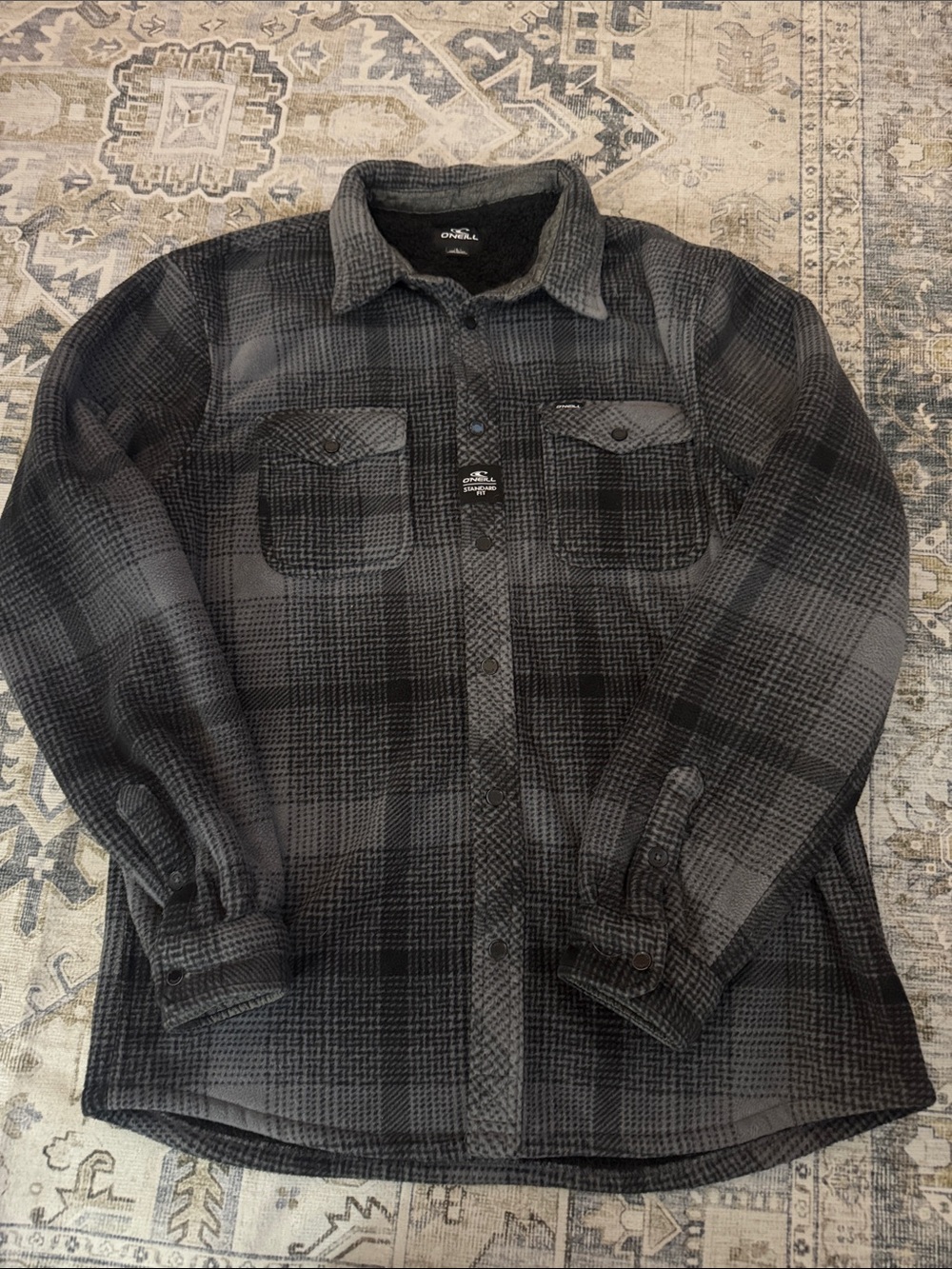 O’Neill Superfleece Men’s Large Gray Black Plaid Sherpa Lined Shirt Jacket